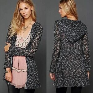 Free People Open Knit Cardigan Long Hooded Marled L Large Alpaca Wool Sweater